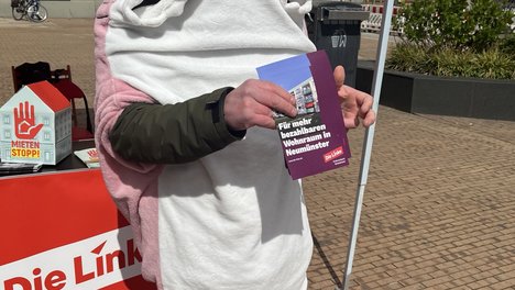 Ein Mensch in einem rosafarbenen Haikostüm verteilt vor einem Pavillon Flyer zum Thema "Bezahlbarer Wohnraum"